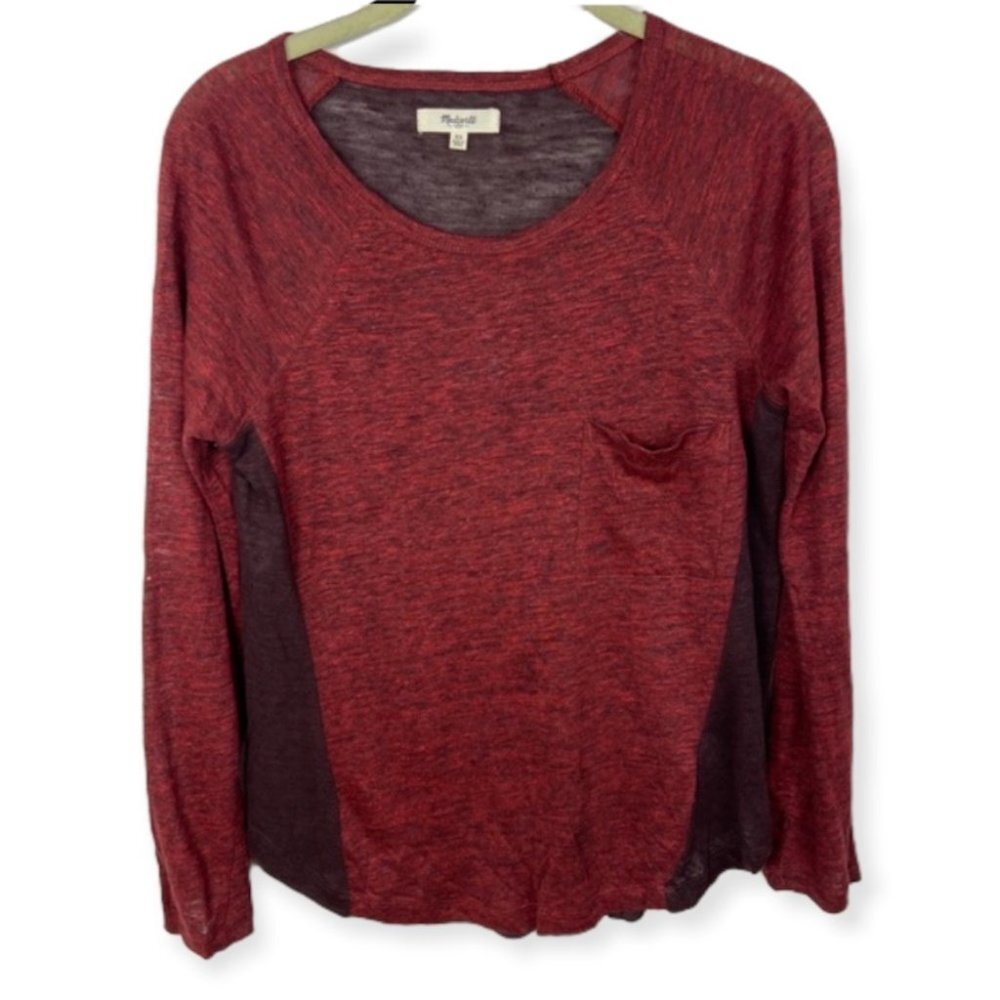 Madewell‎ 100% Linen Curveball Long Sleeve Tee Red Size XS Pocket Crew Neck Top - Picture 2 of 9